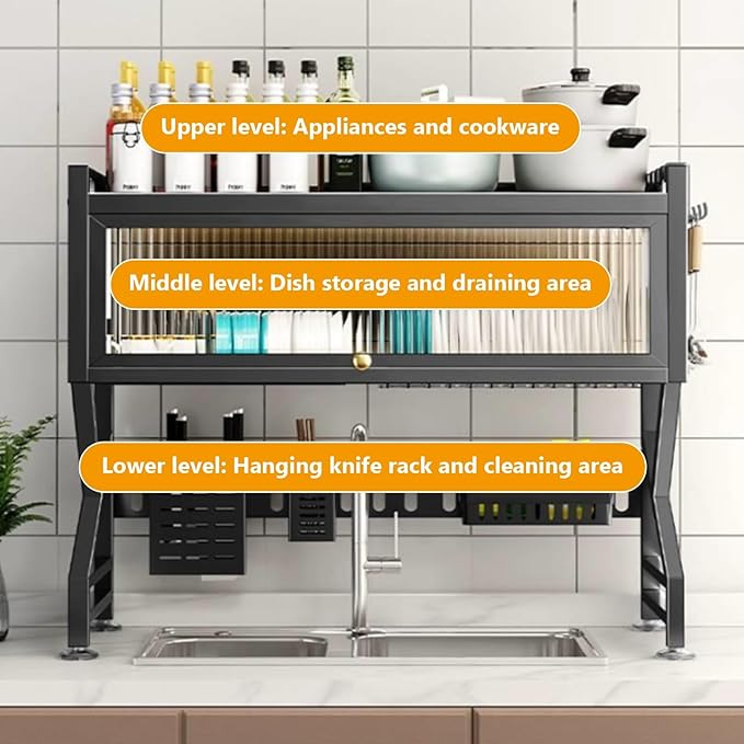 Kitchen sink rack dishwashing sink countertop dustproof cupboard storage multifunctional tableware storage drain rack double layer,KeepKitchen Sink Shlef Organized Space-Saving(White,75cm/29.5in)