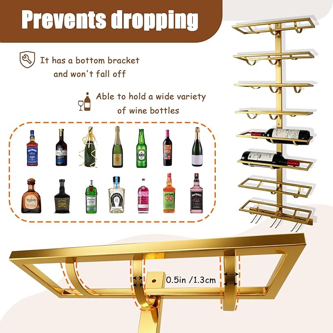 10 Bottle Wall Mount Wine Rack with Wine Glass Holder, Metal Wine Wall Rack, Wall Racks for Wine Bottles Display and Storage, Hanging Bottle Organizer for Living Dining Room Wine Cellar Bar (Gold)