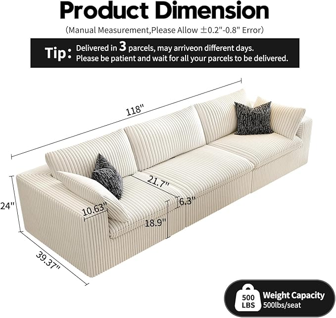 118" Cloud Couch Modular Sectional Sofa for Living Room,Modern Sofa with Deep Seat，3 Seater Boneless Couch,Comfy Upholstered Corduroy Couches for Apartment, Studio, Office,Bedroom，White