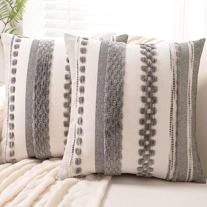Boho Throw Pillow Covers 18x18 Set of 2 Farmhouse Decorative Cushion Case Striped Square Pillows Cover Chenille Pillow Cases Accent Neutral Pillowcase for Sofa Couch Bed,Gray