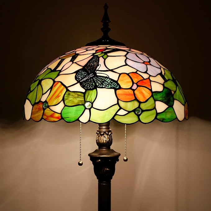 Tiffany Floor Lamp Stained Glass Lamp Standing Reading Light 16x16x70 Inch for Living Room (Butterfly Flowers)