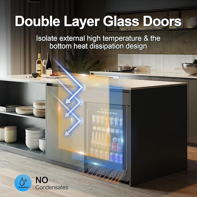 24 Inch Beverage Refrigerator, 5.2 Cu. Ft. Drink Refrigerator with Glass Door, 200 Cans Under Counter & Freestanding Drink Fridge, Reversible Door, Built-In Beverage Cooler for Kitchen, Bar or Office.
