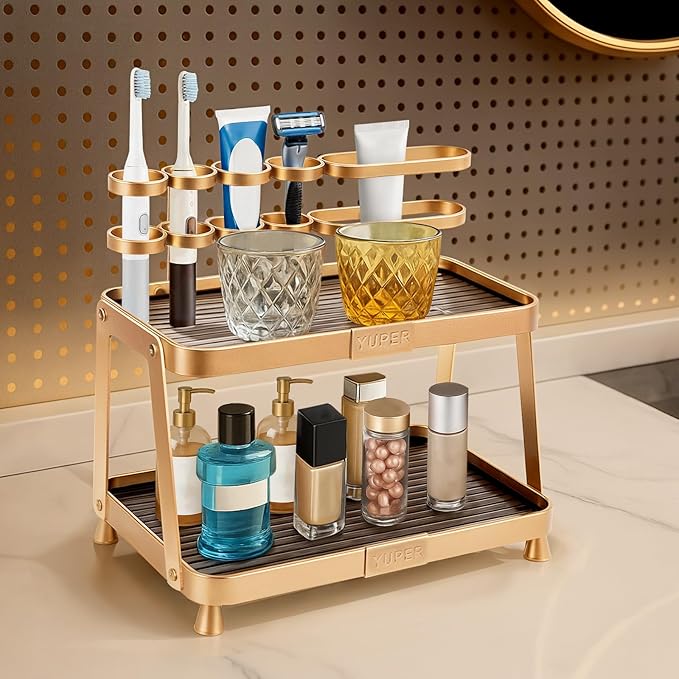 YUPER Bathroom Counter Organizer, 2-Tier Bathroom Organizer Countertop with Toothbrush Holder, Makeup Storage Shelf Vanity Tray Perfume Organizer, Bedroom Kicthen Counter Storage Sink Shelf Gold