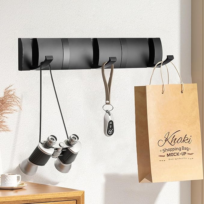 Folding Coat Hooks, Wall Mounted Coat Rack with 5 Retractable Hooks, Heavy Duty Towel Rack for Bathroom Wall Hook for Hanging Clothes Bathrobe, Stainless Steel Coat Hanger for Entryway(Black)