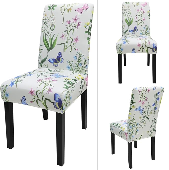 JQinHome Pattern Chair Covers for Dining Room Set of 6, High Stretch Removable Washable Parsons Chair Slipcover for Home Party Hotel Wedding Ceremony (Flowering Butterflies,6PCS)