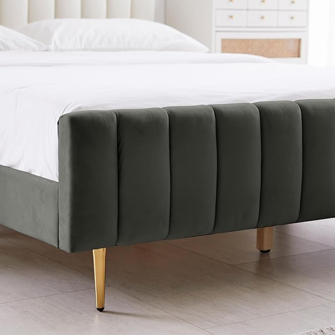 Livinia Twin Size Elton Velvet Platform Bed, Upholstered Bed Frame with Vertical Channel Tufted Headboard Footboard, Strong Wood Slats, No Box Spring Needed, Gray (Twin)