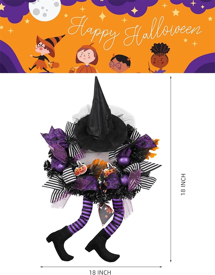 Happy Halloween Wreath for Front Door Decoration with Skeleton Artificial Bone Orange Ornaments Maple Leaf for Party Decor (Halloween Purple)