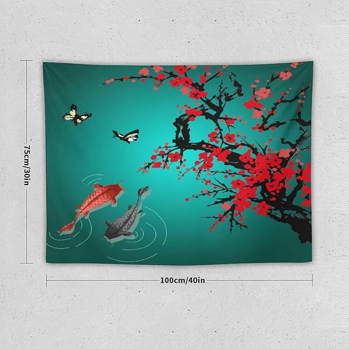 Japanese Koi Fish Tapestry, Cherry Blossoms Asian Oriental Green Teal Floral Branch Koi Fish Carp Tapestries Wall Hanging for Bedroom Living Room Office Decor 40"x30"
