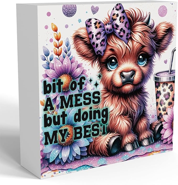 Highland Cow Baby Decor, Highland Cow Sunflower Decor, Highland Cow Gifts for women, Highland Cow Nursery Decor, Wooden Box Decor Sign for Home Farmhouse Office Living Room Table Shelf Tiered