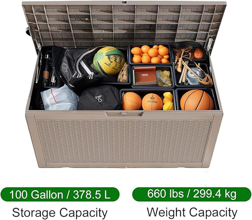 100 Gallon Outdoor Deck Box,Storage Lockable Waterproof Patio Furniture,Garden Tools,Cushions,Pool Accessories Outside Storage Resin Box(Grey)