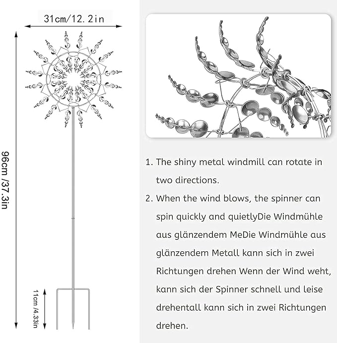 Unique and Magical Metal Windmill, 3D Wind Kinetic Sculpture, Wind Spinner Solar, Lawn Solar Wind Spinners for Yard and Garden, Wind Catchers Metal Outdoor Patio Decoration (1 PCS -Silver)