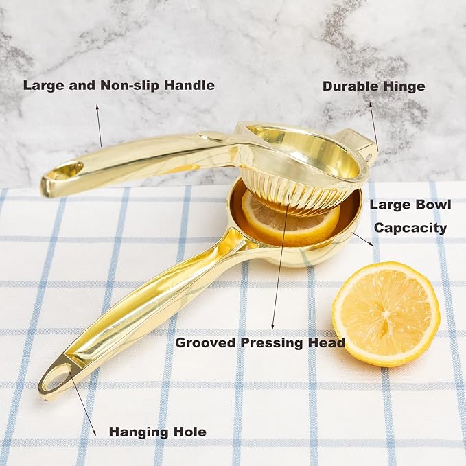 Lemon Squeezer, Heavy Duty Zinc Alloy Manual Lemon Juicer, High Yield Threaded Groove Small Oranges Limes Citrus Juicer Hand Press, Juice Maker for Cocktails Home Restaurant Kitchen Utensils(Gold)