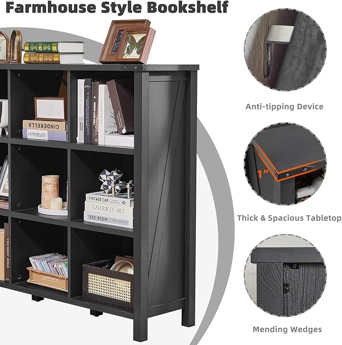 9 Cube Bookcase, Farmhouse 47 Inch Wide Black Bookshelf, Wooden 3 Tier Display Large Open Book Shelf, Vintage Horizontal Book Case for Home Office, Cubby Storage Cabinet for Living Room