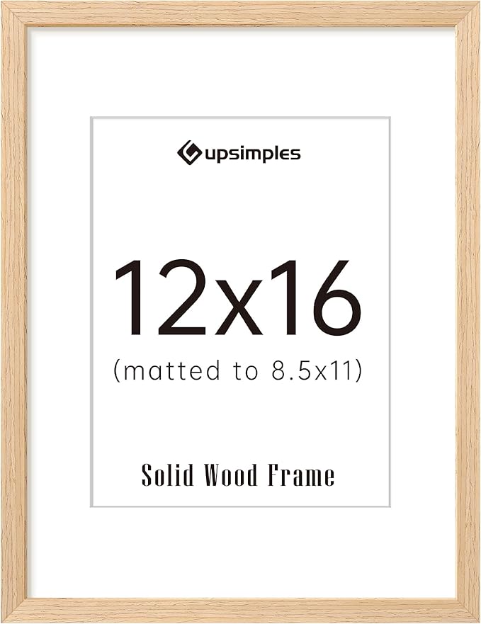 upsimples 12x16 Frame, Natural Solid Wood Picture Frames, Display 8.5x11 with Mat or 12 x 16 Without, Vertical & Horizontal Wall Hanging, 1 Pack, Natural