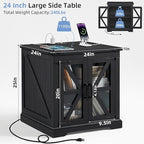 24" End Table Set of 2 with Charging Station, Farmhouse Night Stand with Glass Barn Door, Nightstands with Adjustable Storage Shelf, Large Wood Square Bed Side Table for Living Room,Bedroom