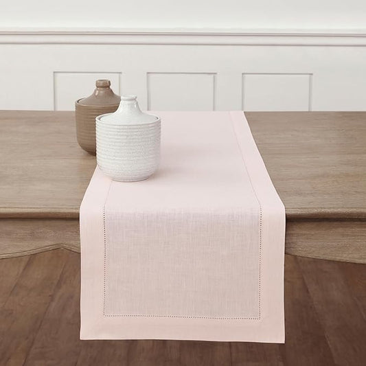 Solino Home Linen Pink Table Runner 60 Inches - Classic Hemstitch, 100% Pure Linen Coffee Table Runner 14 x 60 Inch Ideal for Dresser Tables - Halloween