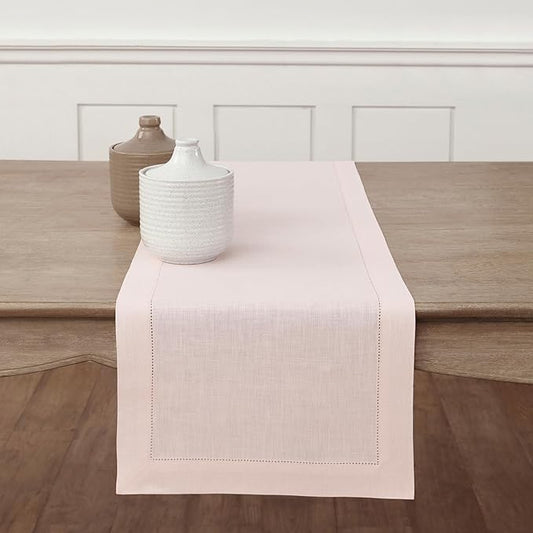 Solino Home Linen Pink Table Runner 72 Inches Long - 100% Pure Linen Hemstitch Table Runner 14 x 72 Inch for Dresser, Dining and Halloween - Classic Hemstitch