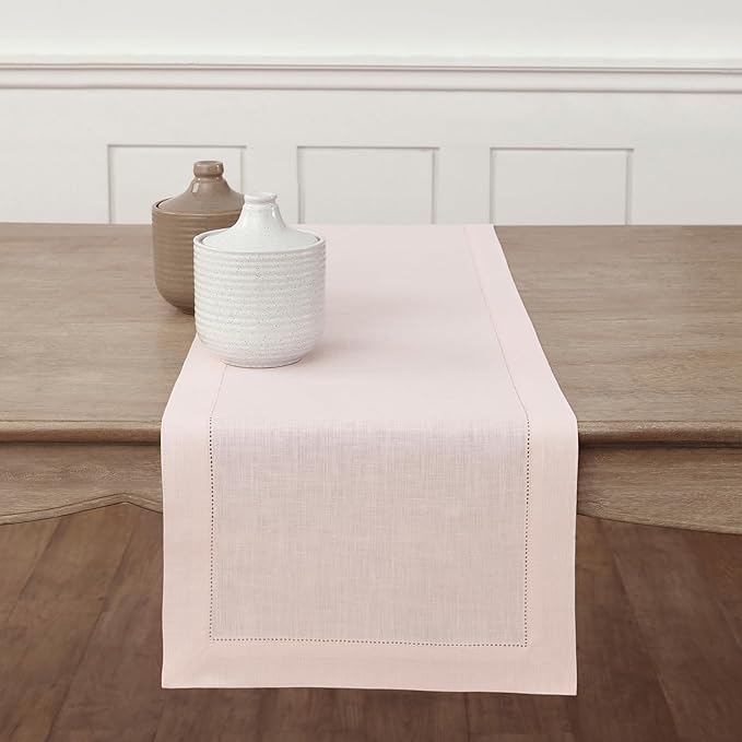 Solino Home Linen Pink Table Runner 120 Inches Long - 100% Pure Linen Hemstitch 14 x 120 Inch Table Runner for Dining and Halloween - Classic Hemstitch