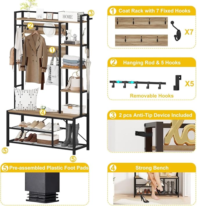 BON AUGURE Farmhouse Hall Tree for Entryway, Mudroom Bench with Shoe Storage, Large Coat Rack Shoe Bench with 5 Tier Open Shelves, Adjustable Side Hooks and Hanging Rod for Foyer (Vintage Oak)