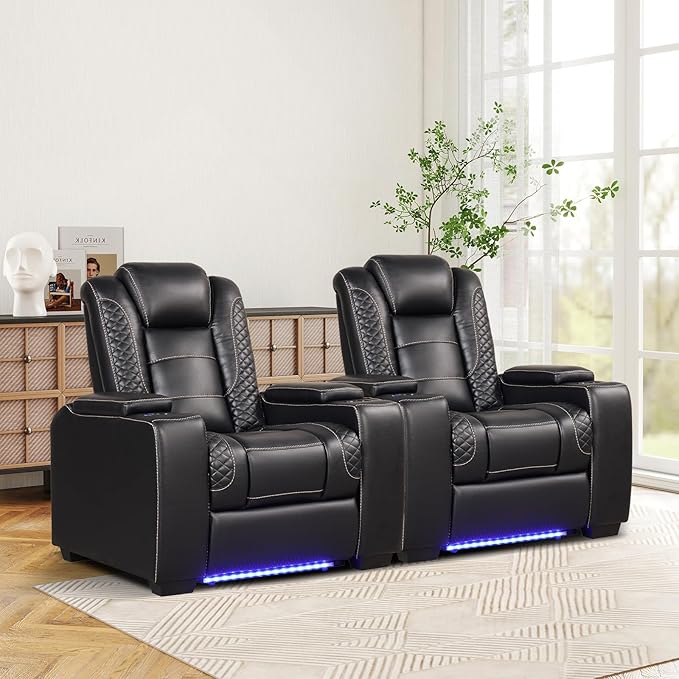ANJ Power Home Theater Seating Set of 2, PU Leather Electric Recliner Chair with Powered Headrest, Dual Motors Movie Reclining Chairs with LED Lights,USB Port, Cup Holders, Hidden Arm Storage (Black)