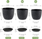 9/8/7.5 inch Plant Pots, Set of 3 Modern Decorative Plastic Planters with Drainage Holes and Saucer for Garden House Plants, Flower Pots for Indoor Outdoor Plants, Speckled Black