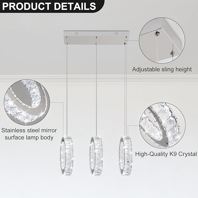 Buccleuch 3-Ring Crystal Chandelier, Dimmable LED Pendant Light Fixture Adjustable Stainless Steel Pendant Light, Silver Crystal Chandeliers for Dining Room, Bedroom, Living Room