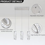 Buccleuch 3-Ring Crystal Chandelier, Dimmable LED Pendant Light Fixture Adjustable Stainless Steel Pendant Light, Silver Crystal Chandeliers for Dining Room, Bedroom, Living Room