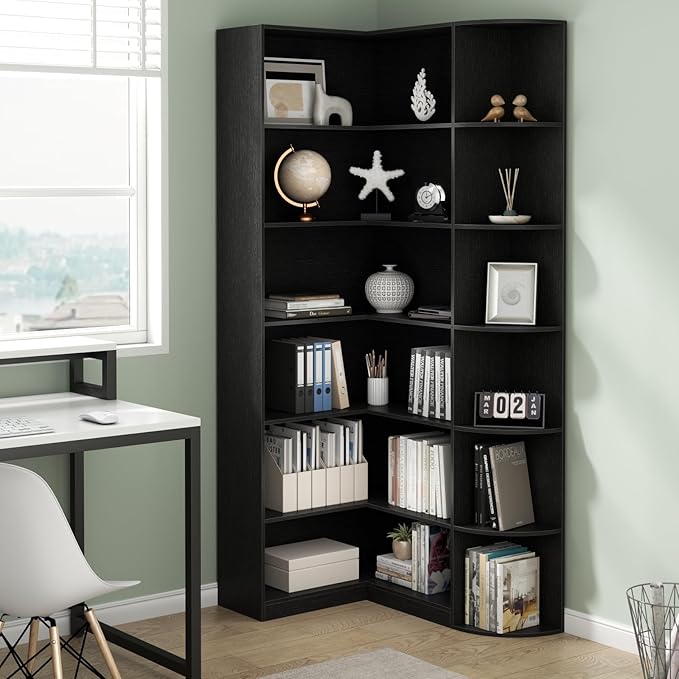 Loomie Black Book Shelf, 6 Tiers Shelf Large Tall Corner Etagere Bookcase with Full Baffle, L-Shaped Modern Storage Display Industrial Bookshelves for Bedroom, Home Office, Living Room & Kitchen,Black