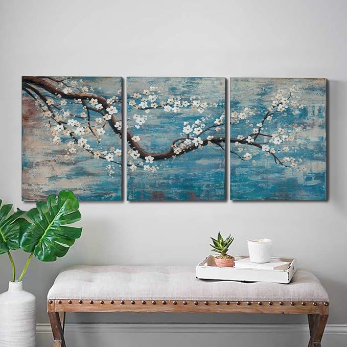 3 Piece Wall Art Hand-Painted Framed Flower Oil Painting On Canvas Gallery Wrapped Modern Floral Artwork for Living Room Bedroom Décor Teal Blue Lake Ready to Hang 12"x16"x3 panel