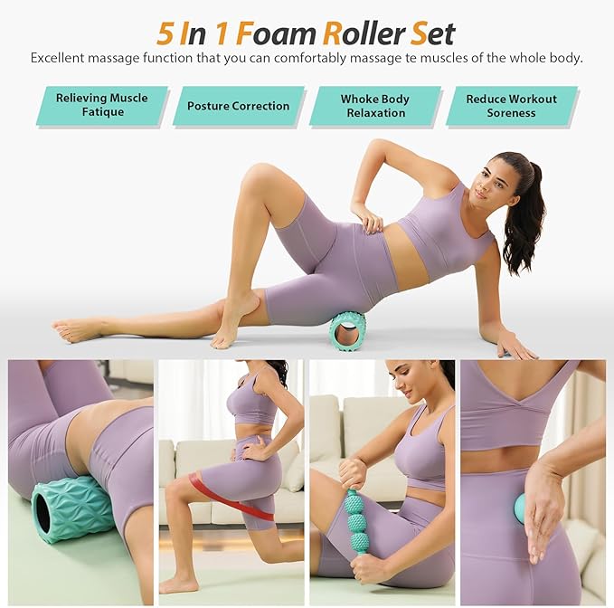 5 in1 Foam Roller Set, Trigger Point Foam Roller, Massage Roller Stick, Massage Ball, Resistance Band for Deep Muscle Massage Pilates Yoga,Fitness Exercise for Whole Body (Pure Turquoise)