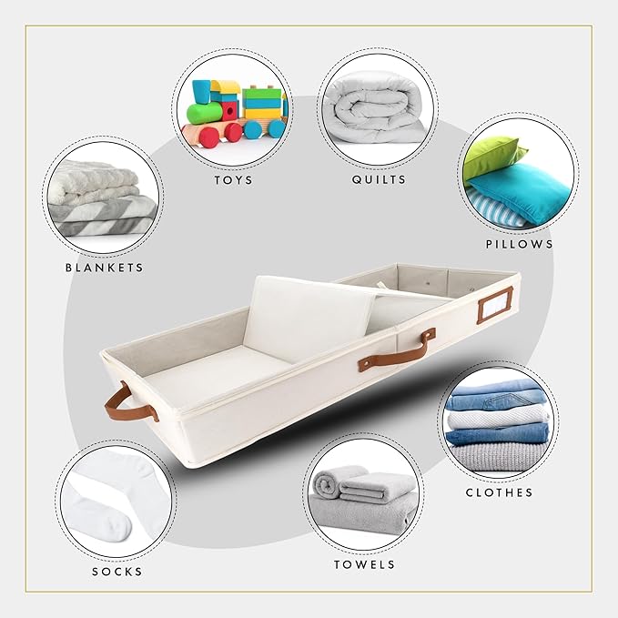HOMELUX THEORY 2pc Low Profile Under Bed Storage Containers, Thin Under Couch Storage Organizer with Bins & Lids, Underbed Storage Box Ideal for Seasonal Clothes, Blankets, Fabric & Shoes (Ivory)