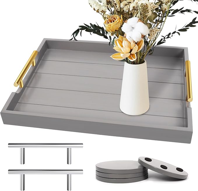 Coffee Table Tray - Large Ottoman Trays for Living Rooms - Wood Serving Tray with Handles(2 Sets) - Wooden Tray for Coffee Table, 4 Round Coasters Included, Gray