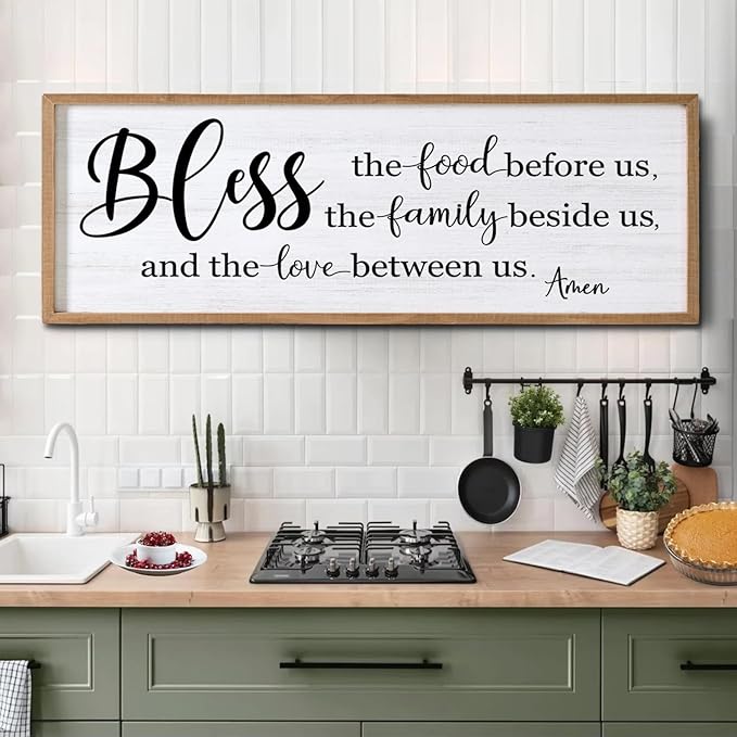 Bless the Food Before Us, the Family Beside Us, and the Love between us Framed Wall Art for Dining Room, 40''×15'' Holy Positive Religious Rustic Bible Verse for Christian God Jesus Christ Prayer