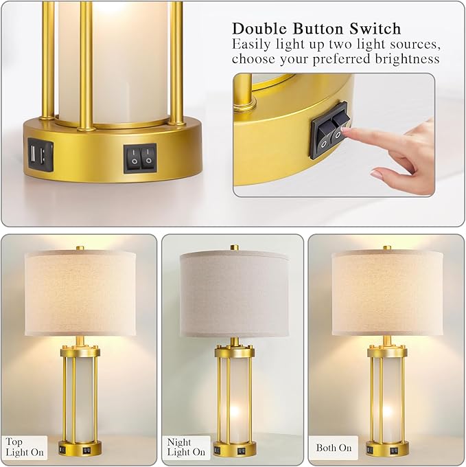 RORIA Modern Table Lamps for Living Room Set of 2, Farmhouse Bedroom Lamps for Nightstands with Dual USB Ports, Gold Bedside Lamps with White Frosted Glass Nightlight, 4 Bulbs Includes (Gold)