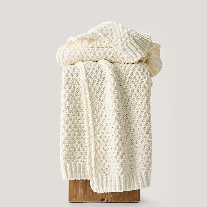 Chunky Chenille Knit Throw Blanket for Couch, Soft Luxurious Moss Stitch Blankets for Bed, Cozy Decorative Farmhouse Knitted Throws for Sofa, Ivory White, 60" x 80"