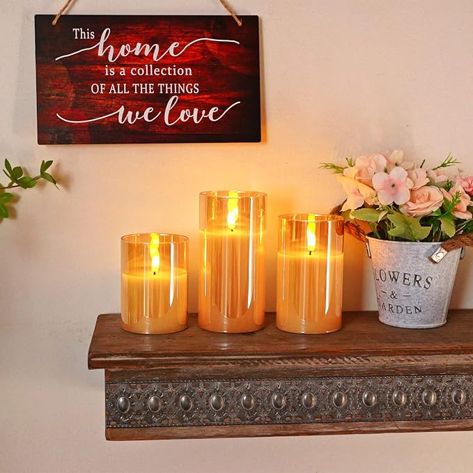 Homemory Amber Glass Flameless Candles, Battery Operated LED Pillar Candles with Remote Control and Timer, Radiance Candles, Real Wax, Set of 3,D3 xH4 5" 6"