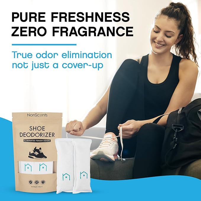 NonScents Shoe Deodorizer 4-Pack (8 Count) - Odor Eliminator, Air Freshener, Smell Absorber, Scent Remover for Shoes, Gym Bags, Soccer Cleats, Closets, Pet Area, Reusable - Shoe Deodorant