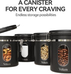 Veken Coffee Canister with Window, Airtight Stainless Steel Kitchen Food Storage Container with Lids, Date Tracker and Scoop for Grounds Coffee, Beans, Tea, Flour, Cereal, Sugar Jars, 16OZ, Black