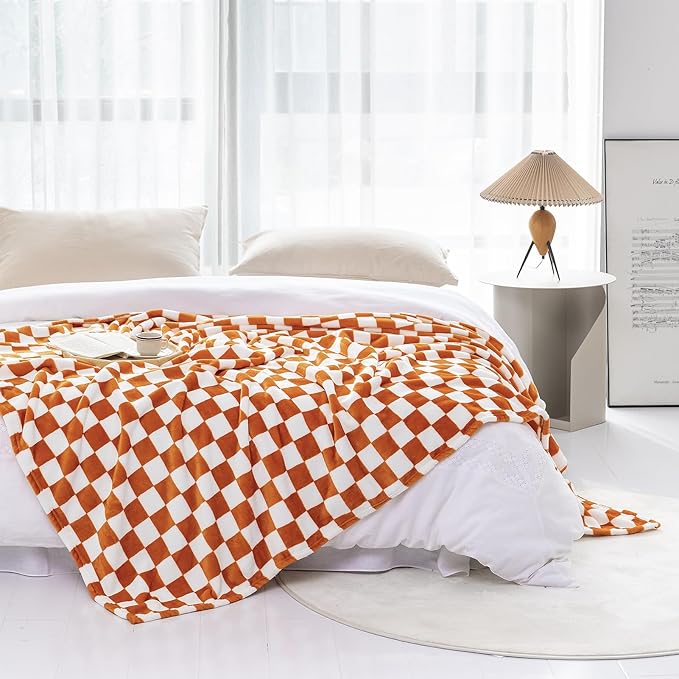 LOMAO Throw Blankets Flannel Blanket with Checkerboard Grid Pattern Soft Throw Blanket for Couch, Bed, Sofa Luxurious Warm and Cozy for All Seasons (Orange, 90"x110")