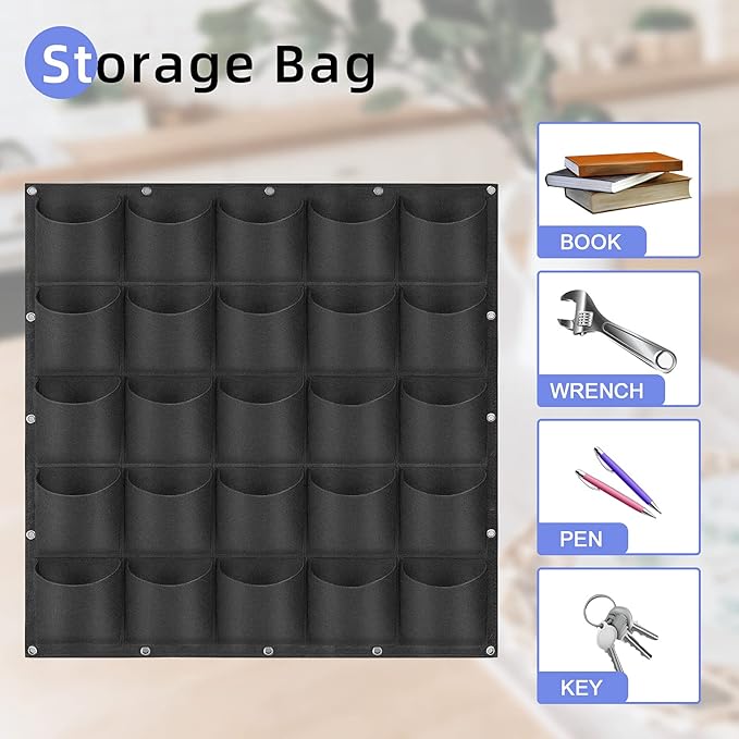 25 Pockets Hanging Planter Bags, Hanging Vertical Wall Mounted Plant Planting Grow Bags, Herb Garden Planter Outdoor Indoor Growing Bag, Gardening Vertical Greening Flower Container(1m×1m, Black)