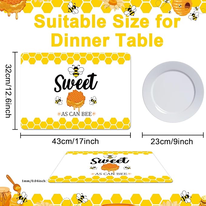 Honey Bee Placemats Set of 6 Summer Plastic Table Mats Yellow Bee Theme Placemats Washable Farmhouse Rustic Holiday Table Decoration for Indoor Outdoor Party Kitchen Dining