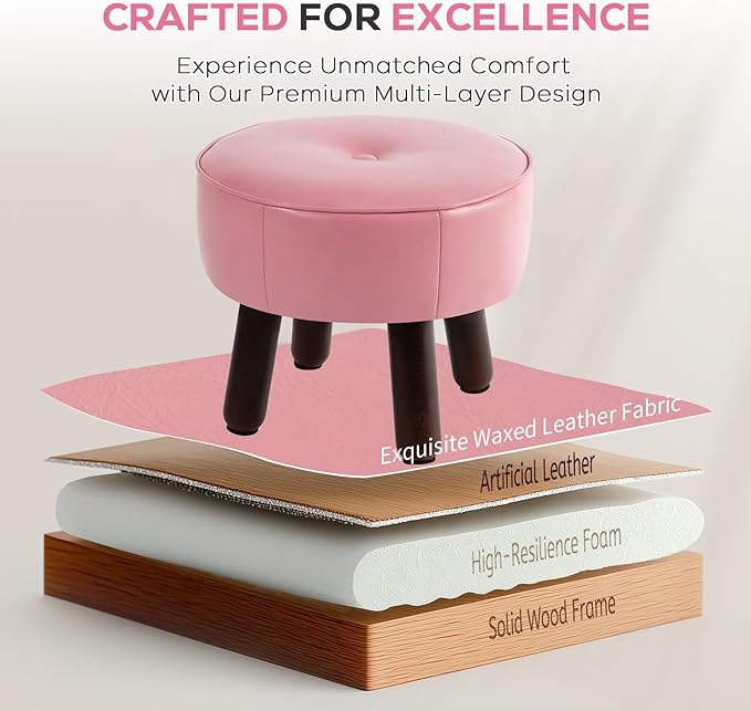 Small Foot Stool Round Pouf Ottoman, 13'' Leather Foot Rest with Non-Skid Rubber Legs, Foolstool Ottomans for Couch, Sofa Footrest Step Stool for Living Room Bedroom Entryway Office, Pink