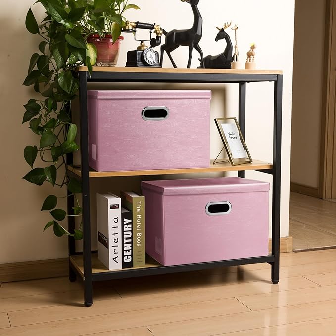 PRANDOM Large Stackable Storage Bins with Lids [3-Pack] Leather Fabric Foldable Storage Boxes Organizer Containers Baskets Cube with Cover for Bedroom Closet Office Nursery Pink (17.7x11.8x11.8)