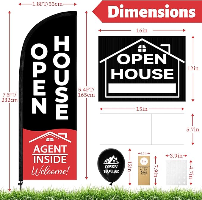44 Pcs Open House Signs for Real Estate, Double Sided Open House Flag Kit, 7.6 x 5.4 Ft Black Banner Flag Poles Set for Outside, Directional Arrows Sign Stakes Balloons for Open House Supplies