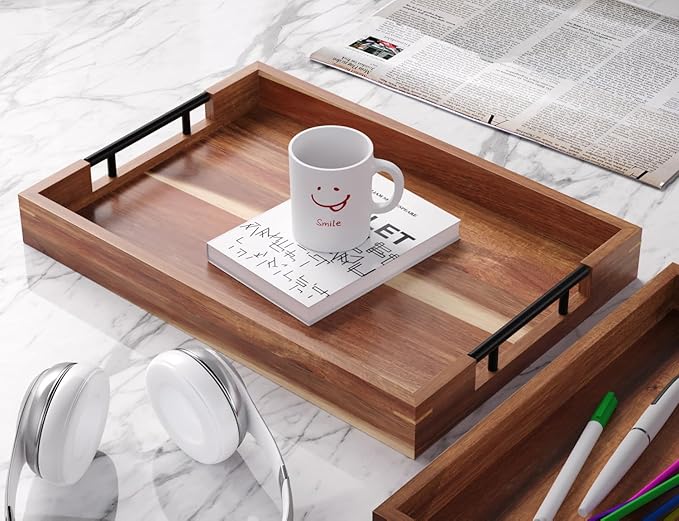 Acacia Wood Serving Tray with Metal Handles,17x12in Ottoman Decorative Trays Platter for Coffee Table,Living Room,Bar,Party(Large)