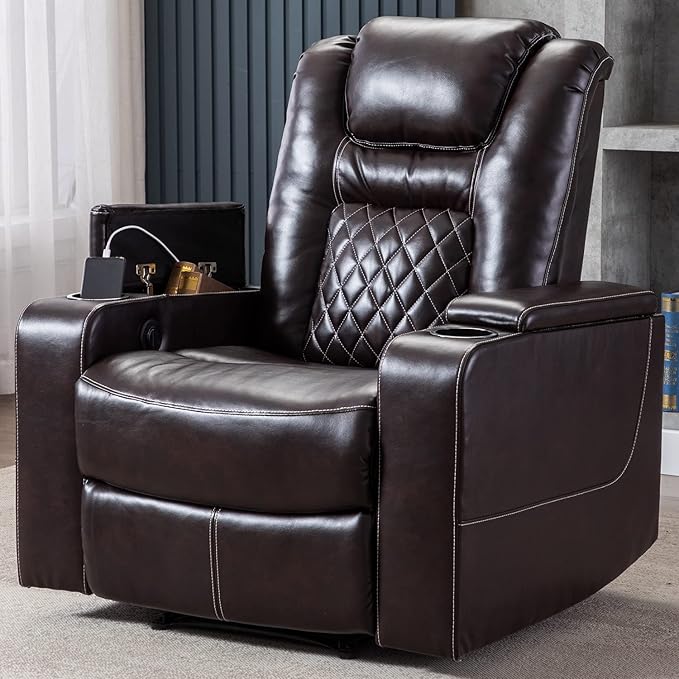 CANMOV Electric Power Recliner Chair with USB Ports and Cup Holders, Breathable Leather Home Theater Seating with Hidden Arm Storage (Brown)