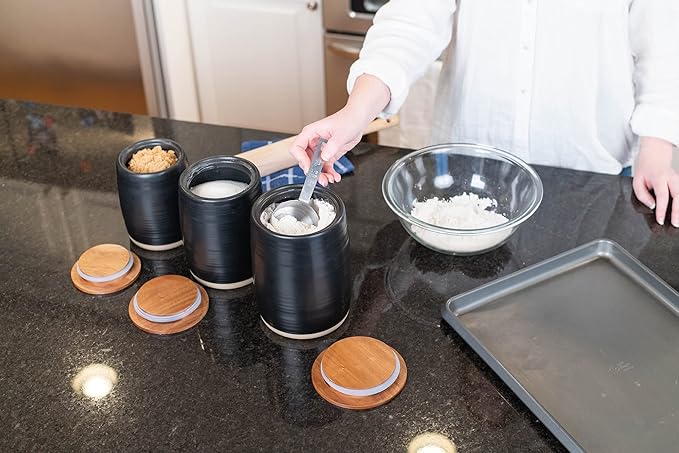 Nat & Jules Lidded Black 6 inch Ceramic and Wood Kitchen Canisters Set of 3
