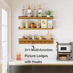 MBYD Floating Shelves 36 Inch, Nursery Book Shelves for Kids Room, Hanging Bookshelf with Hooks Set of 3, Light Walnut Wood Picture Ldge Shelving, Kitchen Wall Shelf Spice Rack for Bedroom Bathroom