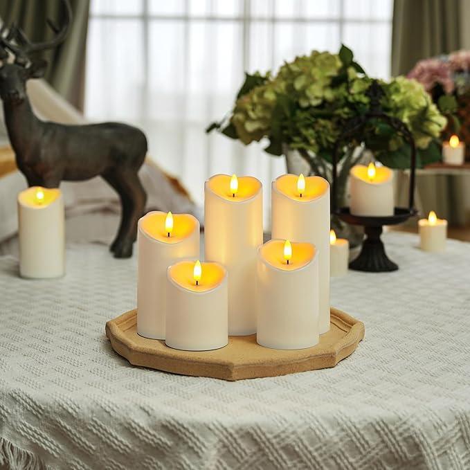 Homemory Outdoor Waterproof Flameless Candles, LED Candles, Battery Operated Candles with Remote and Timers, Electric Fake Plastic Pillar Candles, Ivory White, D3 H4 5" 6" 8" 8", Set of 5