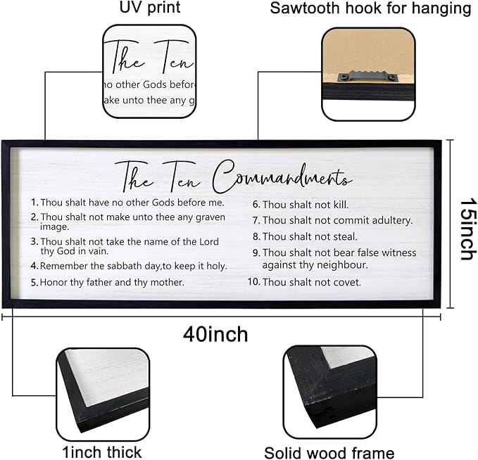 The Ten Commandments Rustic Bible Verse Framed Wall Art, 40''×15'' Positive Religious Christian Saying Sign for God Jesus Christ Prayer, Vintage Horizontal Holy Inspirational Catholic Scripture Decor